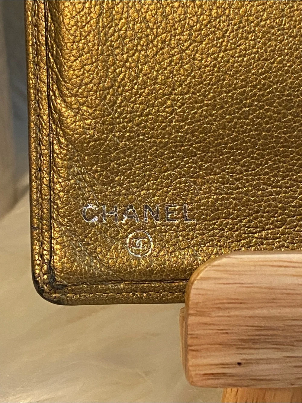 CHANEL Gold Calfskin Leather Long Wallet with CC Medallion & Black Card